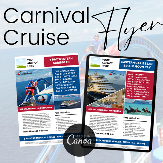 Carnival cruise marketing flyer, travel agent flyer, travel agent template, travel agent canva template, cruise planner marketing, travel agent social media, travel agent tips, travel agency template, travel marketing