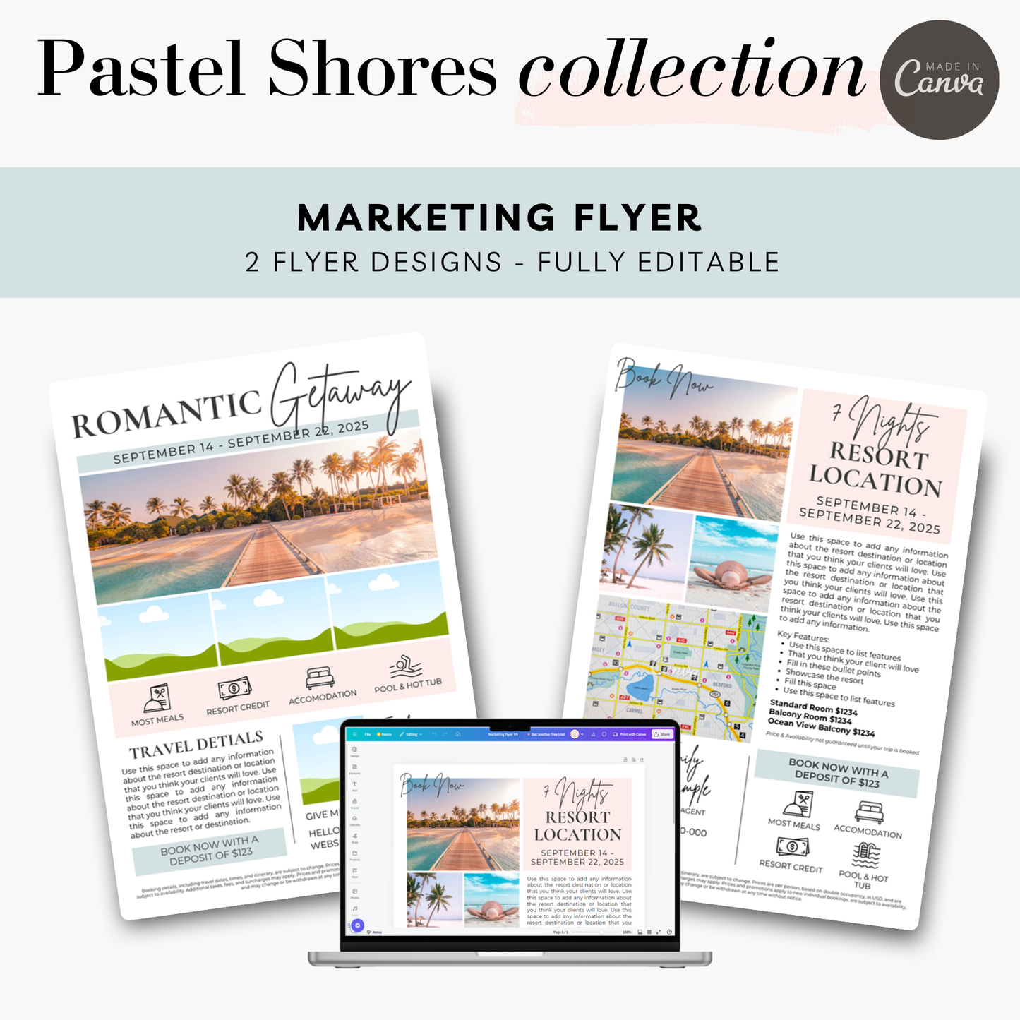 Pastel Shores Template Collection: Canva Templates for Travel Agents