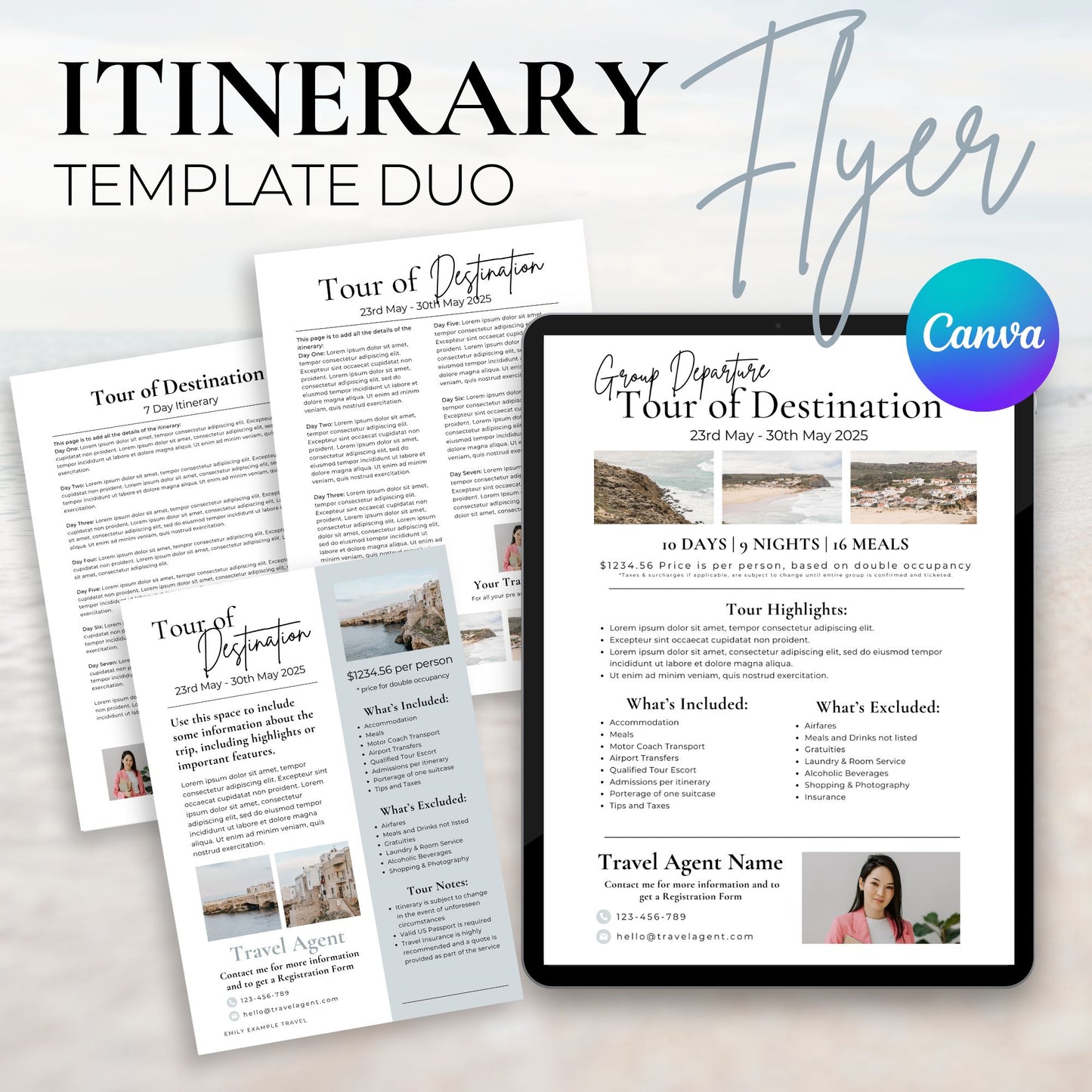 Travel Agent Itinerary Flyer Template Duo In Canva