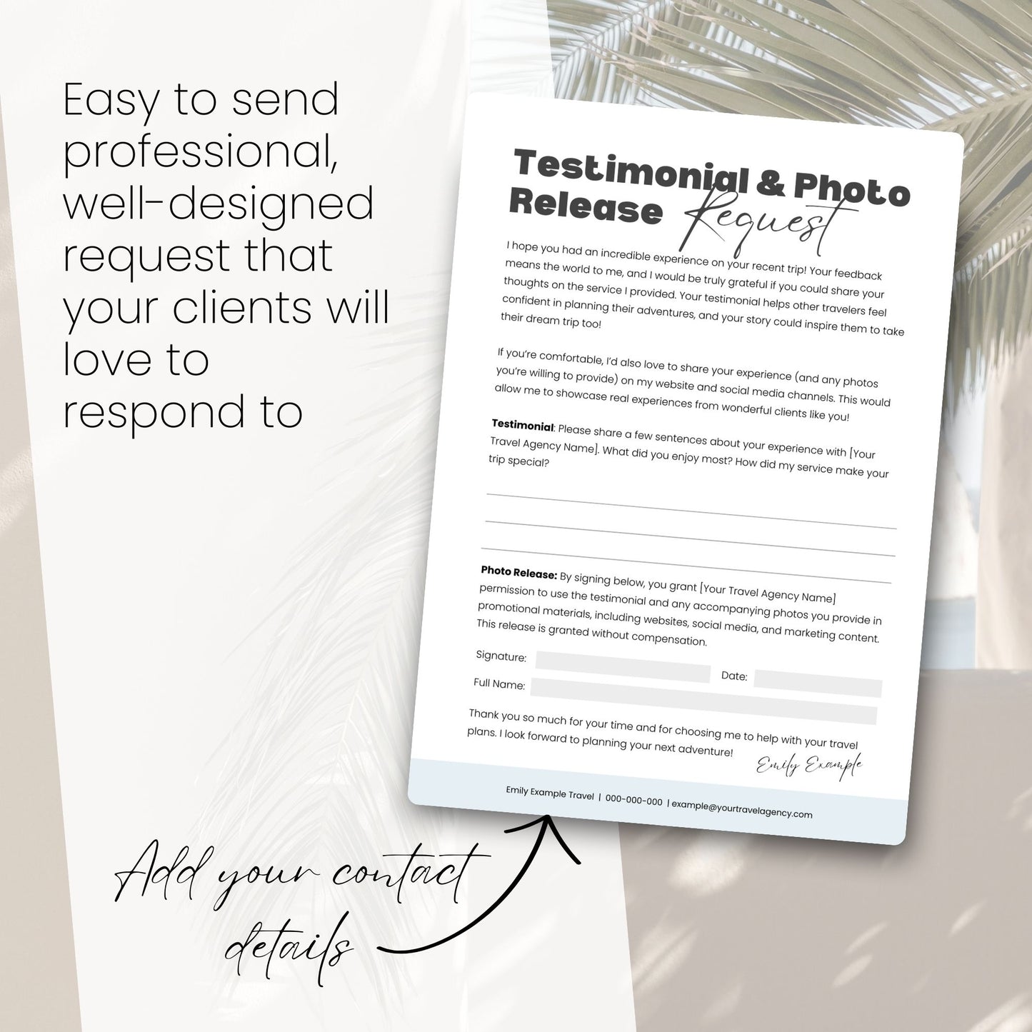 Testimonial & Photo Release Request: Canva Template for Travel Agents