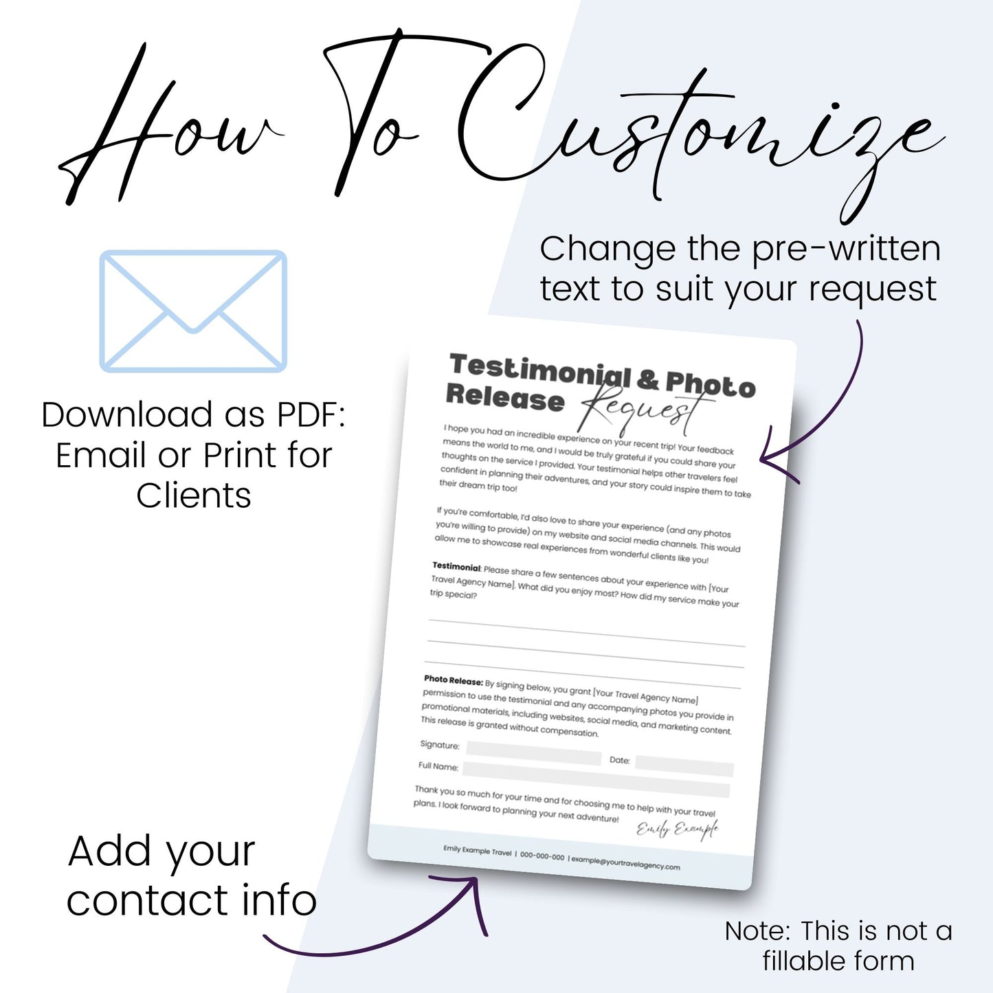 Testimonial & Photo Release Request: Canva Template for Travel Agents