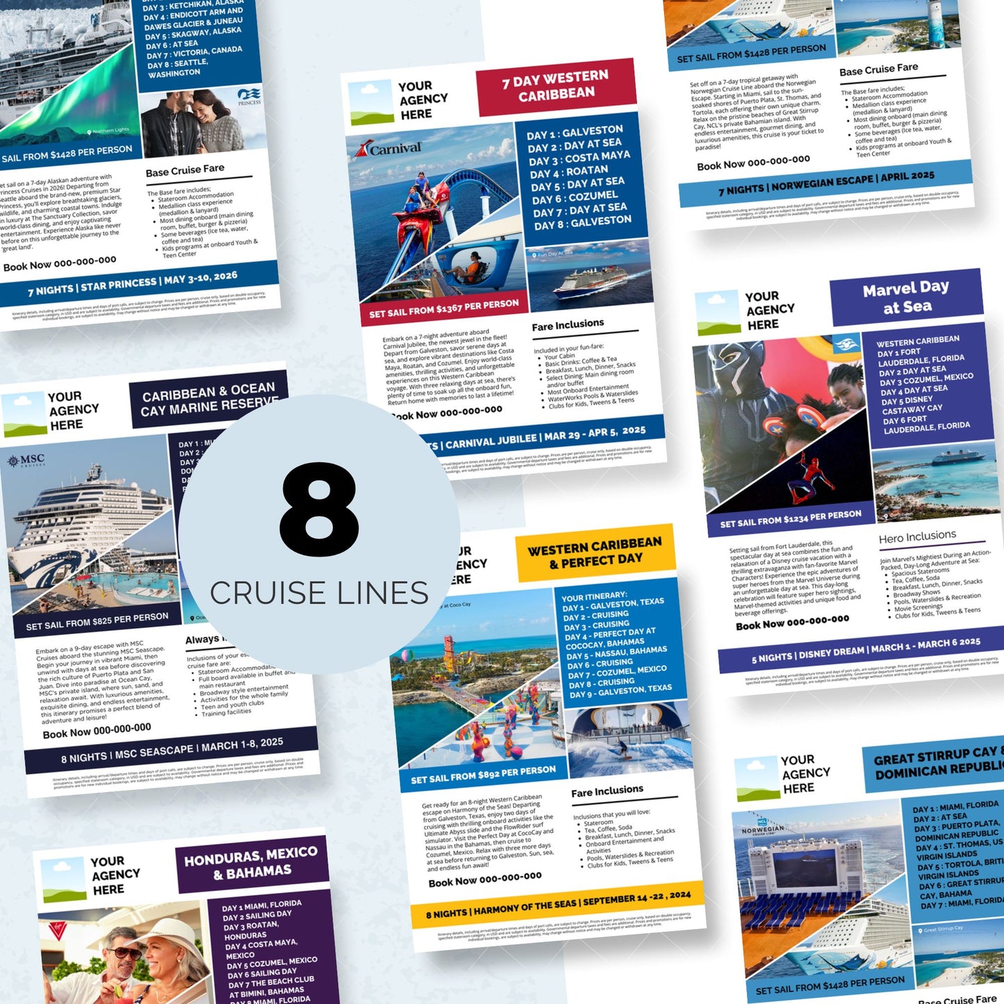 Cruise Marketing Flyer Bundle: 8 Cruise Line Canva Templates