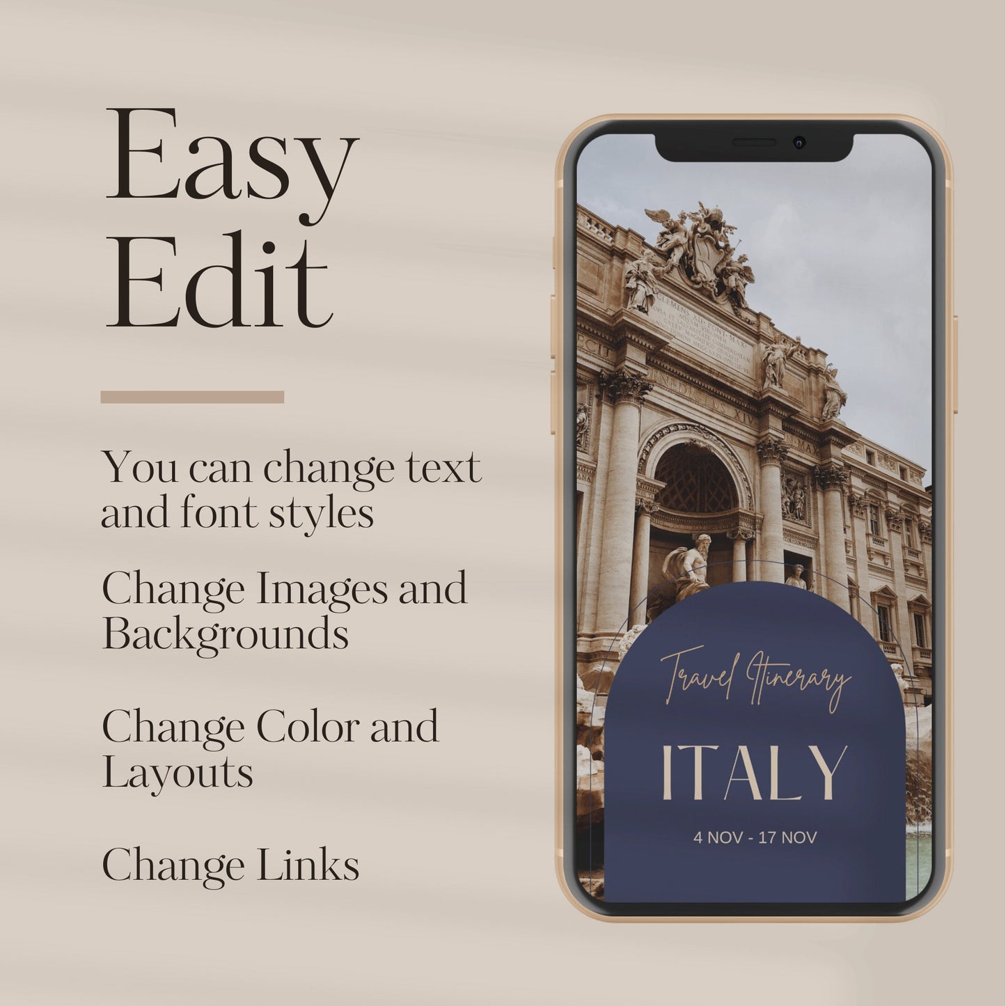 Mobile Phone Digital Itinerary for Travel Agents: Italy Travel Itinerary Template