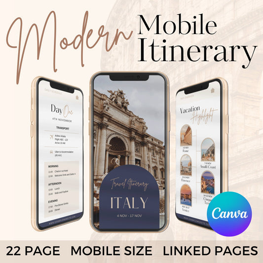 Travel Itinerary Template | Mobile Itinerary | Travel Schedule | Trip Itinerary | Traveling Guide | Travel Marketing | Trip Itinerary Canva | Travel Planner | Digital Itinerary, downloadable itinerary template, rome itinerary template, italy travel itinerary, italy travel itinerary template, mobile phone digital itinerary