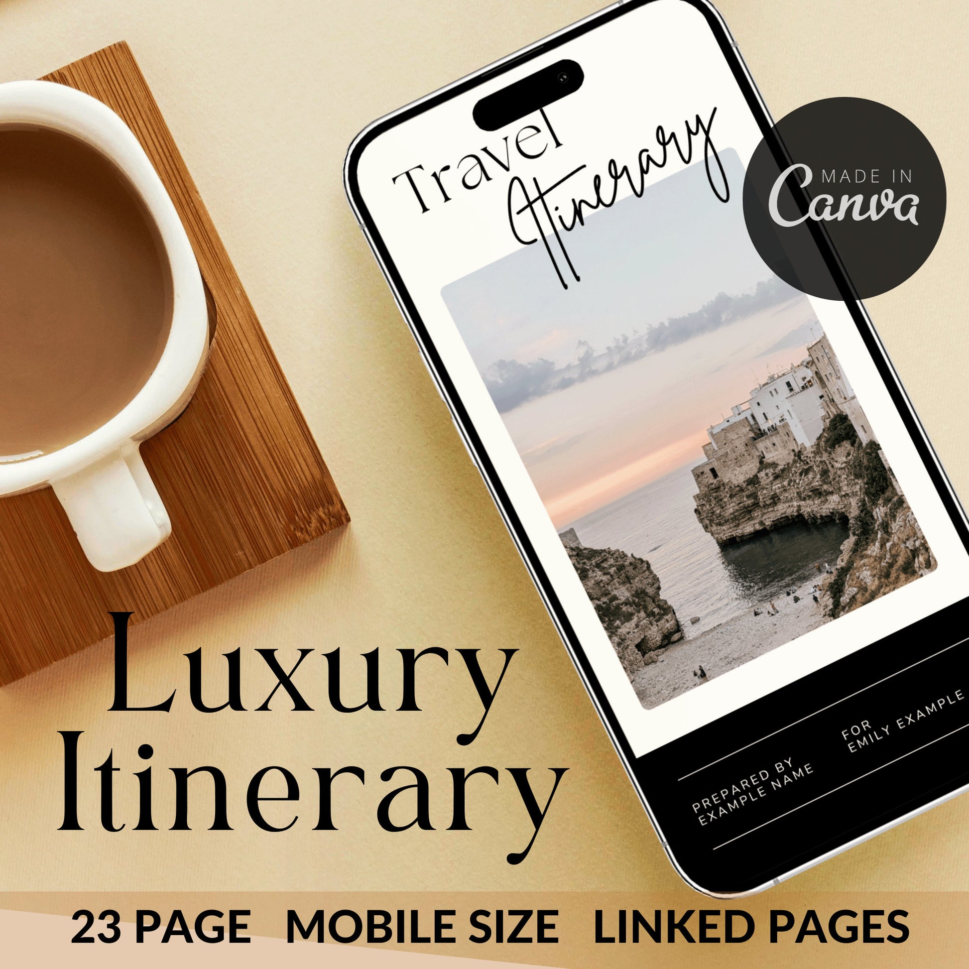 mobile phone travel itinerary, digital itinerary, downloadable itinerary, luxury travel itinerary template, travel itinerary template, luxury travel template, luxury travel digital itinerary, canva travel, travel template canva, canva luxury travel