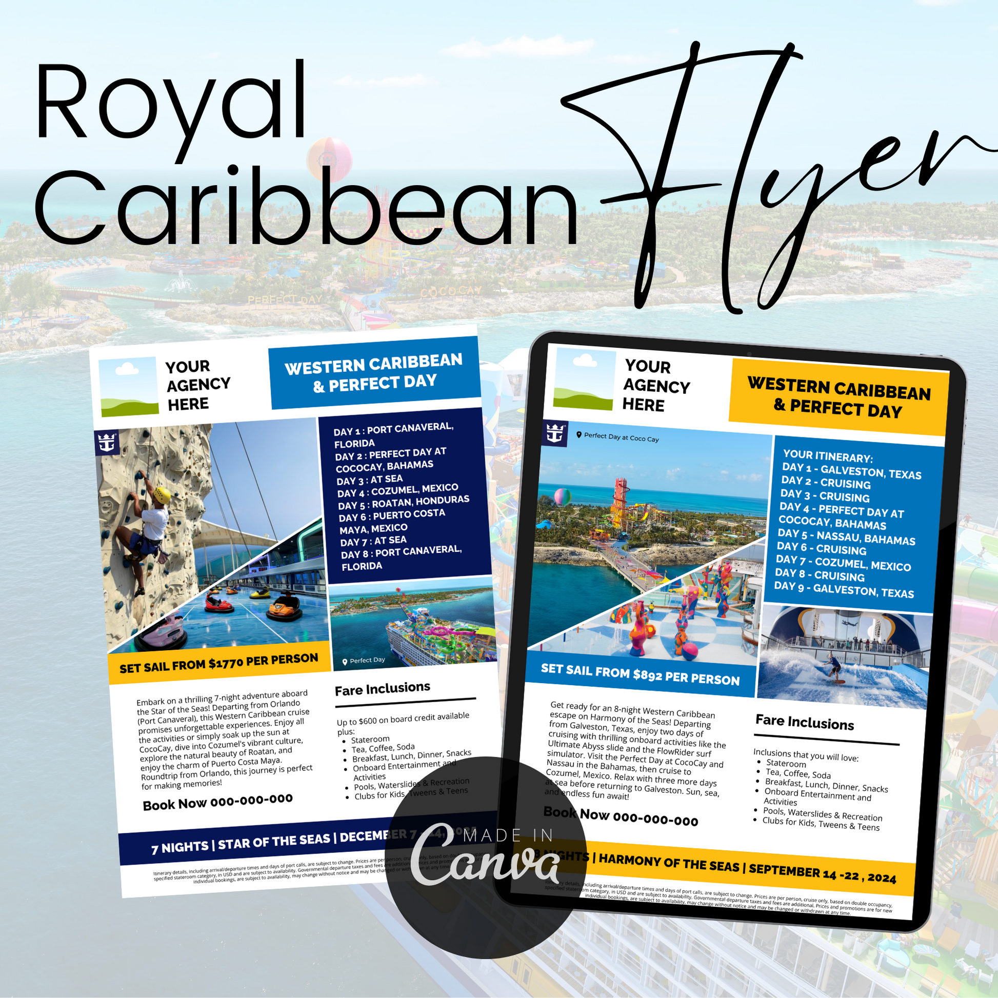 royal caribbean cruise marketing, cruise marketing, cruise flyer template, travel agent template, travel agent canva, travel marketing