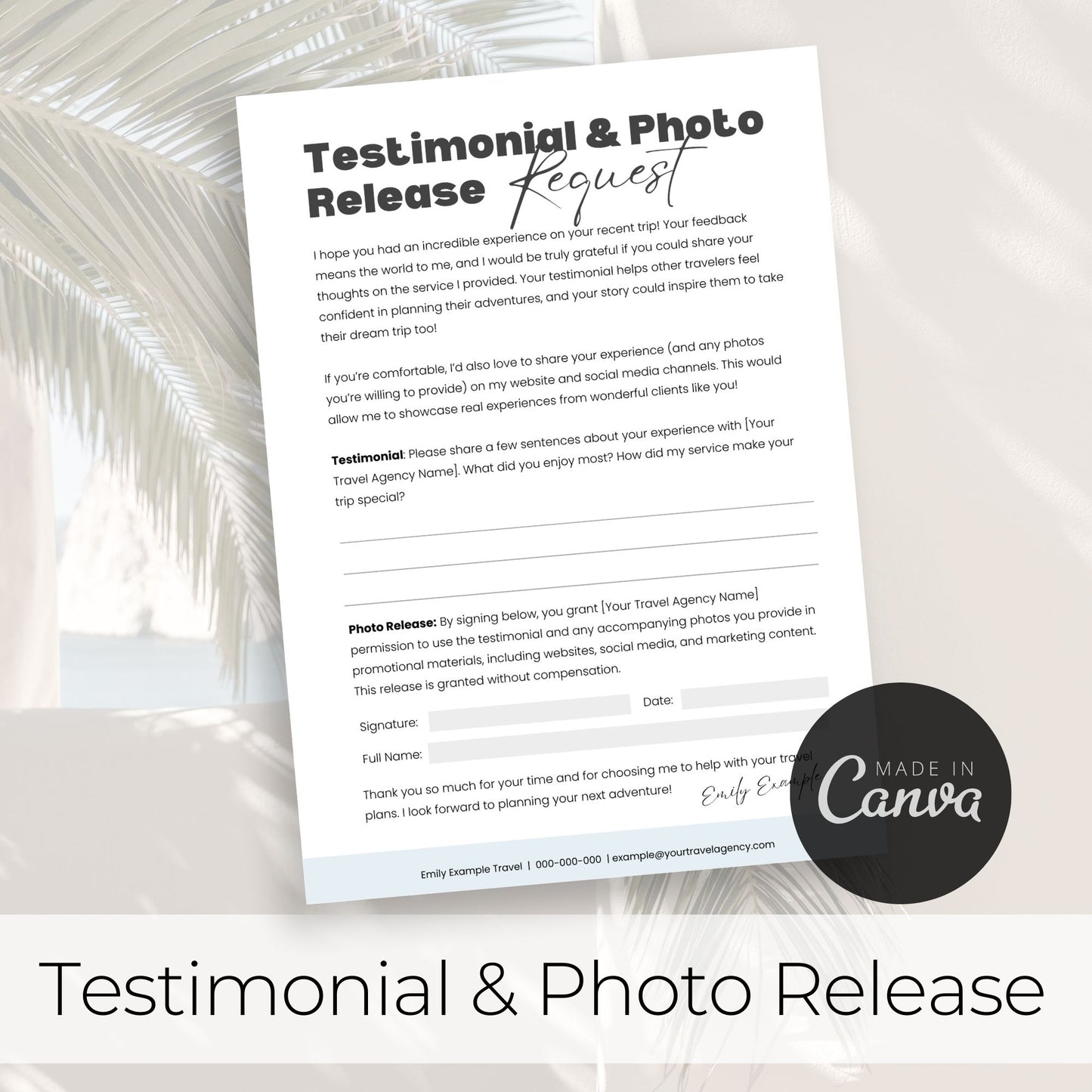 travel agent template, travel agency template, travel agent canva, travel marketing, travel agent testimonial, travel agent photo release request, travel agent form, travel marketing