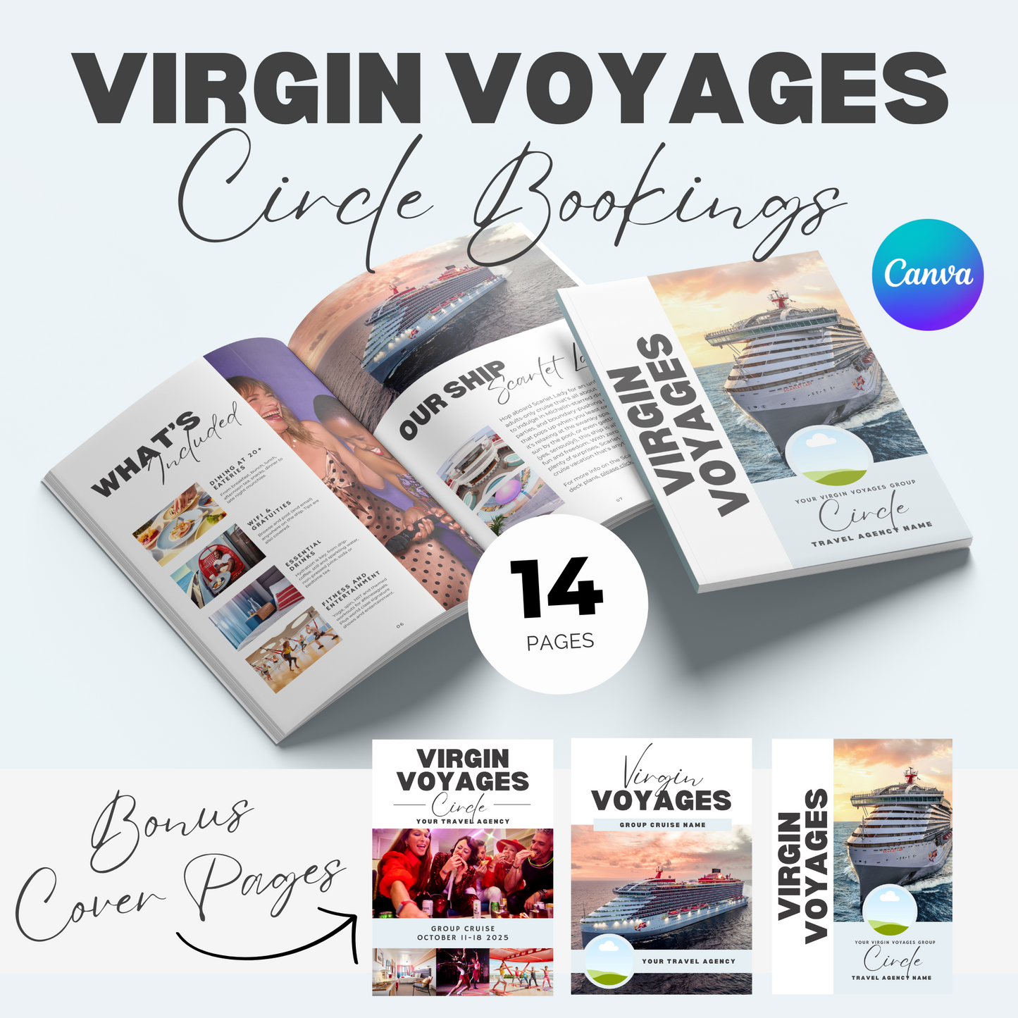 virgin voyages circle group booking, travel agent canva template, template for travel agent, cruise travel agent template, canva travel agency group booking, virgin voyages circle booking